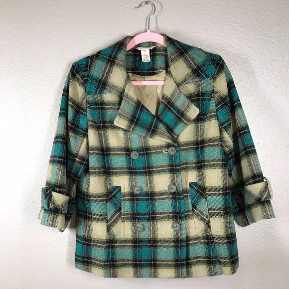Sundance Blue & Green Plaid Wool Blend Pea Coat - Picture 1 of 6